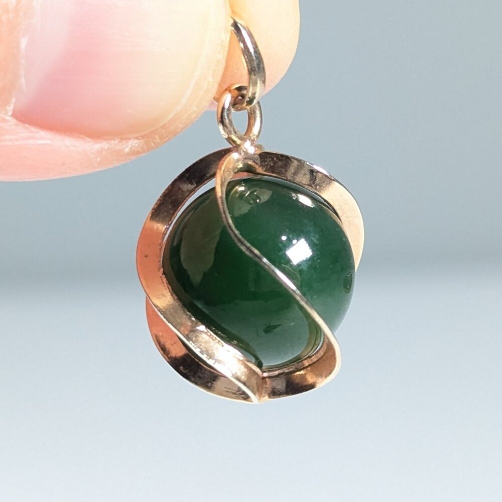 Vintage Minimalist gold tone cage & Jade pearl / ball pendant charm